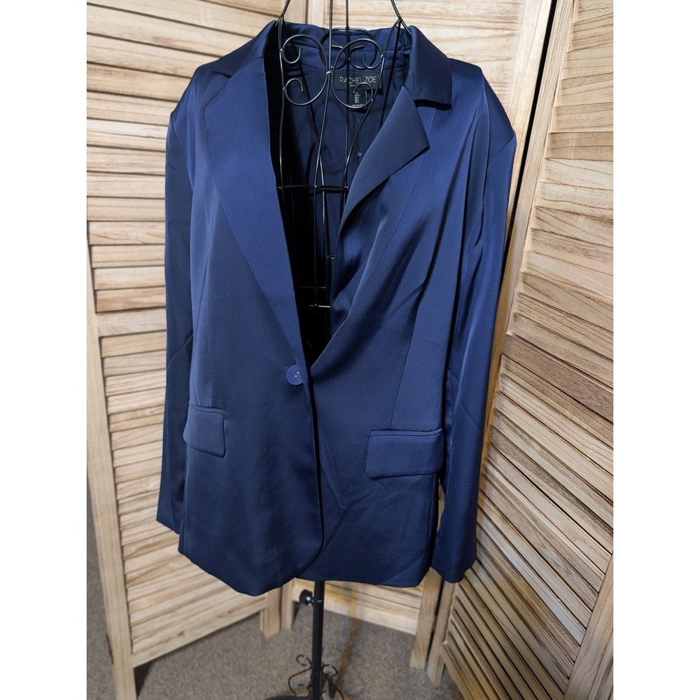 Rachel Zoe Navy Open Front Long Blazer, Lined w/ Pockets, Women's Large